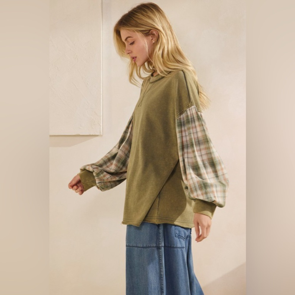 Sage + Fig Olive Pullover with Plaid Balloon Sleeves - Picture 6 of 7